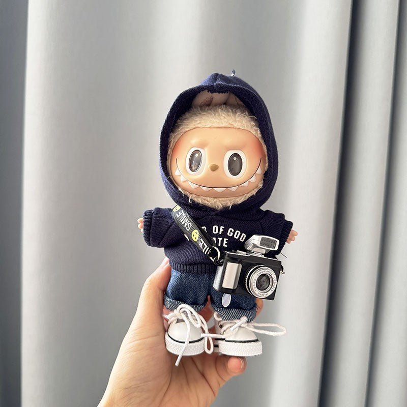 Labubu FEAR Navy Hoodie Set with Black Camera & White Canvas Shoes - MuffuLabZGG041
