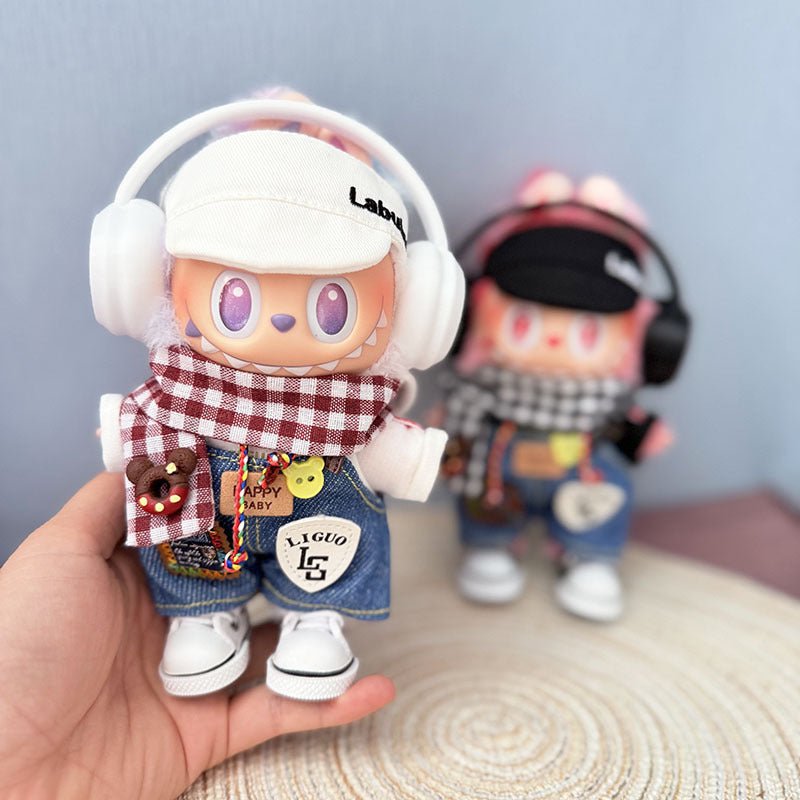 Labubu Happy Pizza White Outfit with White Bubu Cap, White Canvas Shoes & Headphones - MuffuLabZGG033