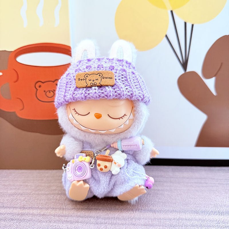 Labubu Purple Camera Print Set with Purple Trim Hat & Purple Bottle Overalls - MuffuLabZGG019