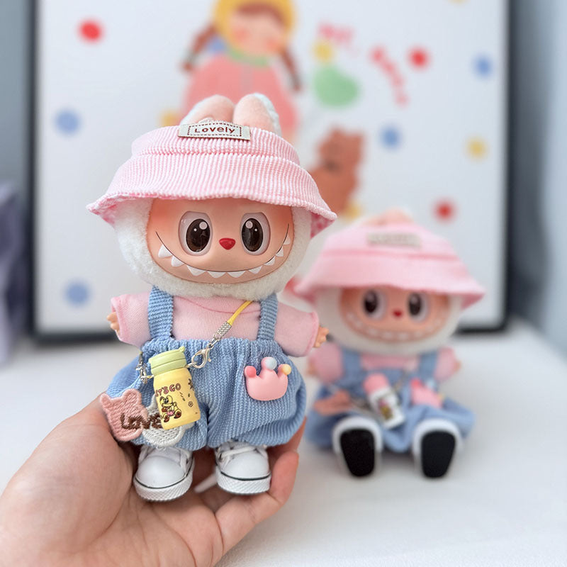 Labubu Bear Overalls Set – Pastel Pink-Blue Outfit with Yellow Bottle