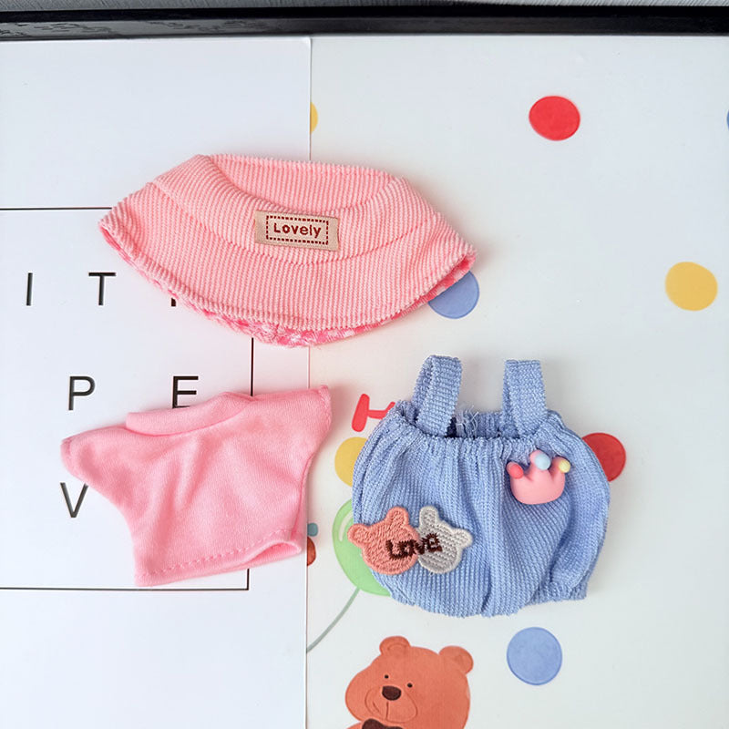 Labubu Bear Overalls Set – Pastel Pink-Blue Outfit with Yellow Bottle