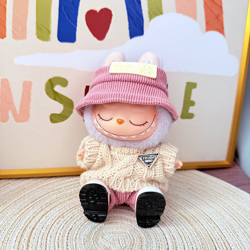 Labubu Pink Knit Sweet Bean Set – Cozy Outfit with White Square-Toe Shoes