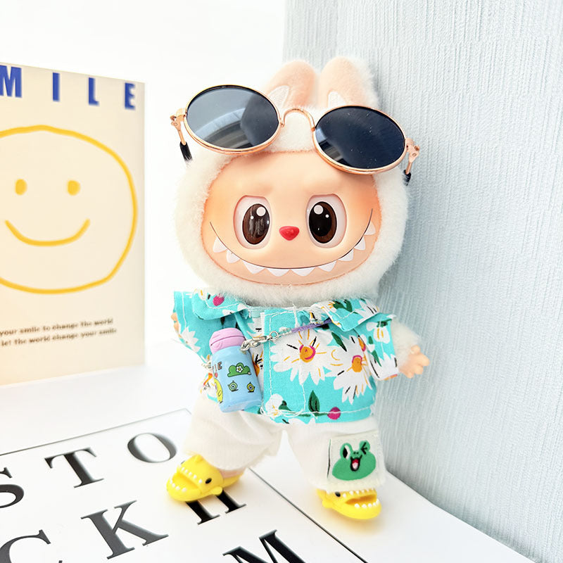 Labubu Summer Beach Set – Sky Blue Outfit with Yellow Shark Shoes & Blue Bottle