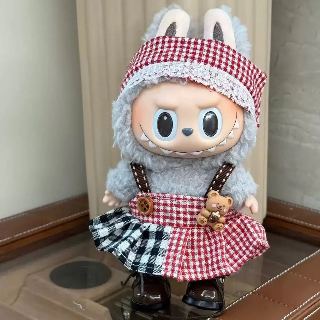 Labubu Country Teddy Outfit – Red & Black Plaid Dress with Furry Hoodie - MuffuLabSYD052