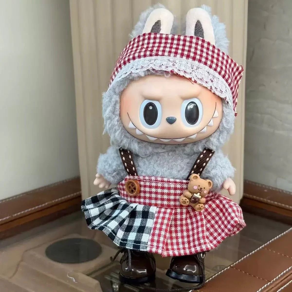 Labubu Country Teddy Outfit – Red & Black Plaid Dress with Furry Hoodie - MuffuLabSYD052