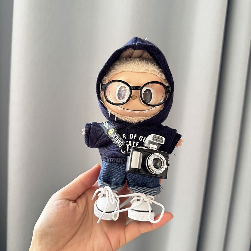 Labubu FEAR Navy Hoodie Set with Black Camera, Small White Canvas Shoes & Black Sunglasses - MuffuLabZGG042