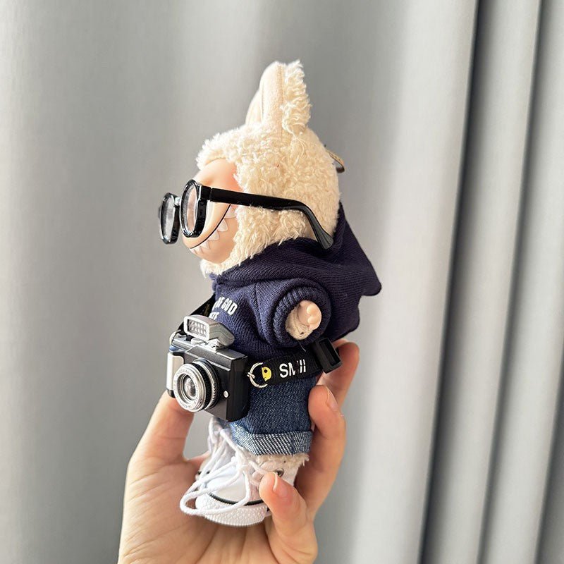 Labubu FEAR Navy Hoodie Set with Black Camera, Small White Canvas Shoes & Black Sunglasses - MuffuLabZGG042