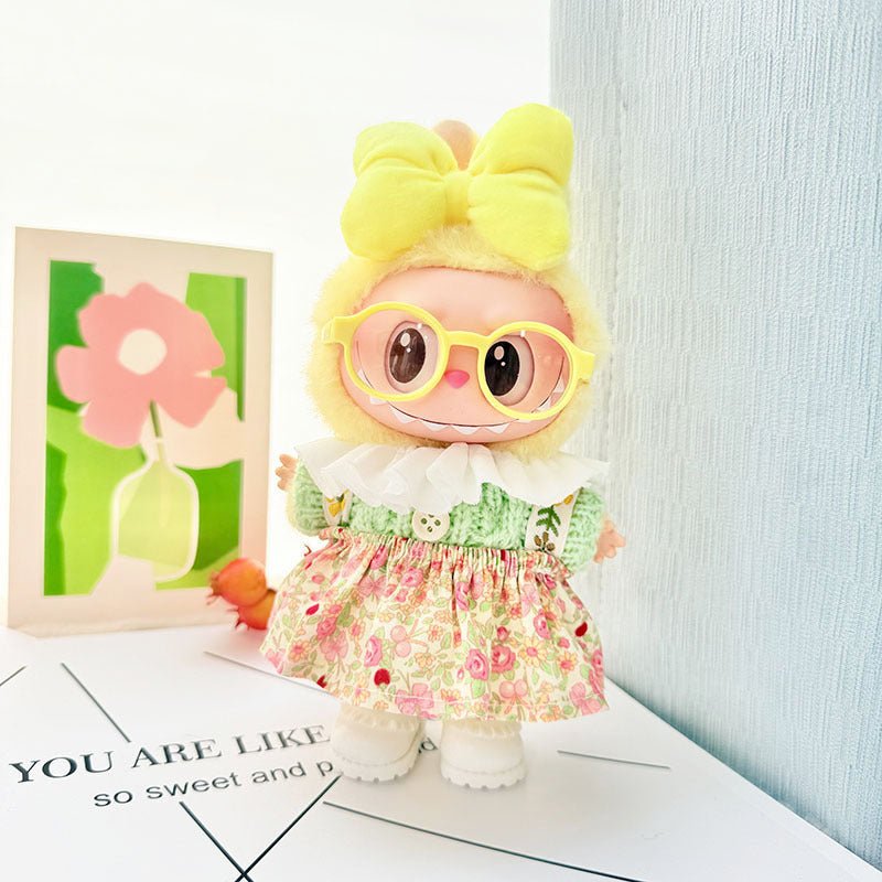 Labubu Floral Pink Picnic Outfit – 4 - Piece Set with Yellow Glasses - MuffuLabZGG005
