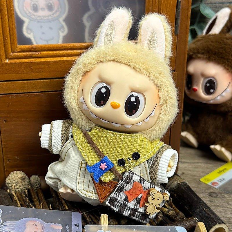 Labubu Happy Mouse Outfit – White Sweater, Overalls, Scarf & Backpack - MuffuLabSYD007