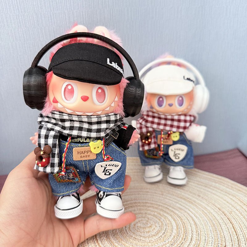 Labubu Happy Pizza Black Outfit with Black Bubu Cap, Black Canvas Shoes & Headphones - MuffuLabZGG034
