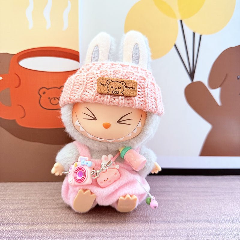 Labubu Pink Camera Print Outfit with Pink Trim Hat & Pink Bottle Overalls - MuffuLabZGG014
