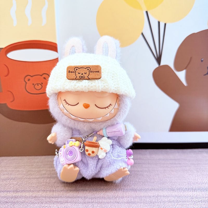 Labubu Purple Camera Print Set with White Trim Hat & Purple Bottle Overalls - MuffuLabZGG018