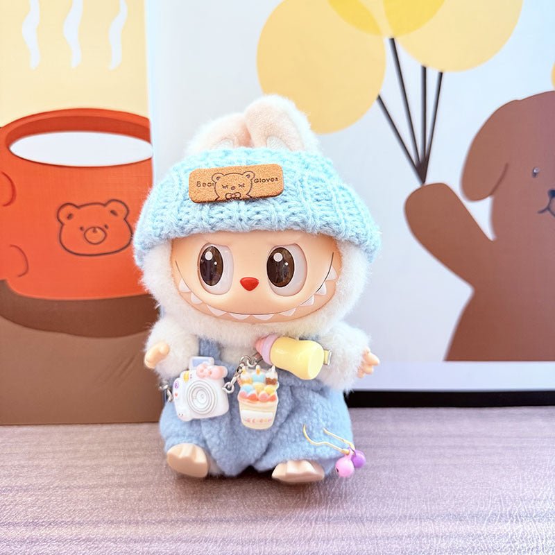 Labubu White Camera Print Set with Blue Trim Hat & Blue Bottle Overalls - MuffuLabZGG016