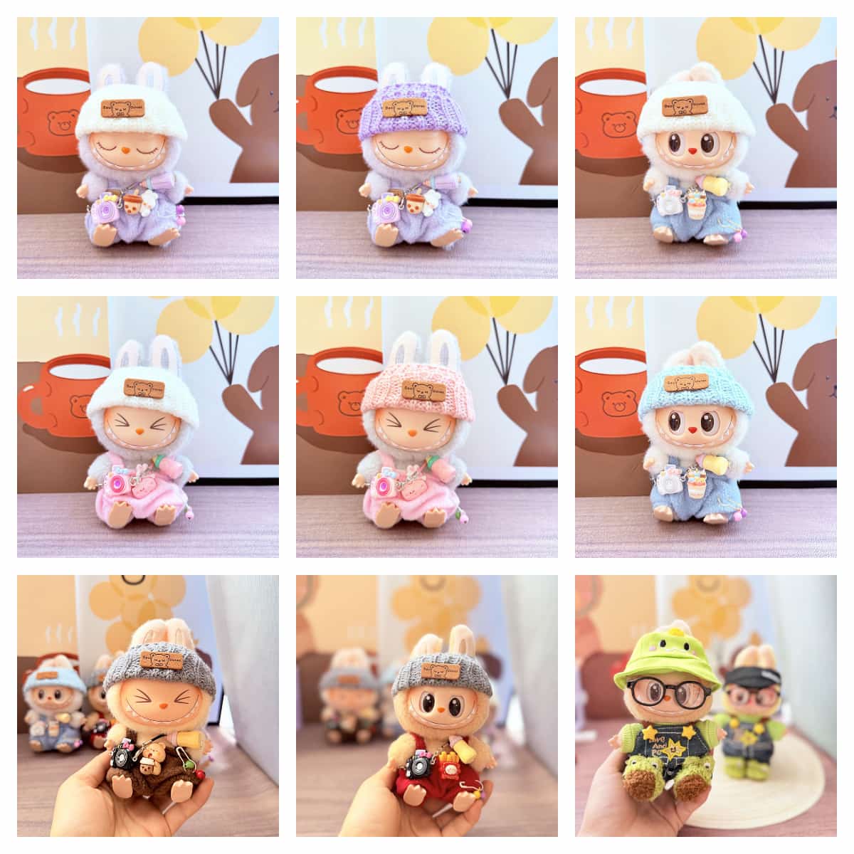 Labubu White Camera Print Set with Blue Trim Hat & Blue Bottle Overalls - MuffuLabZGG016