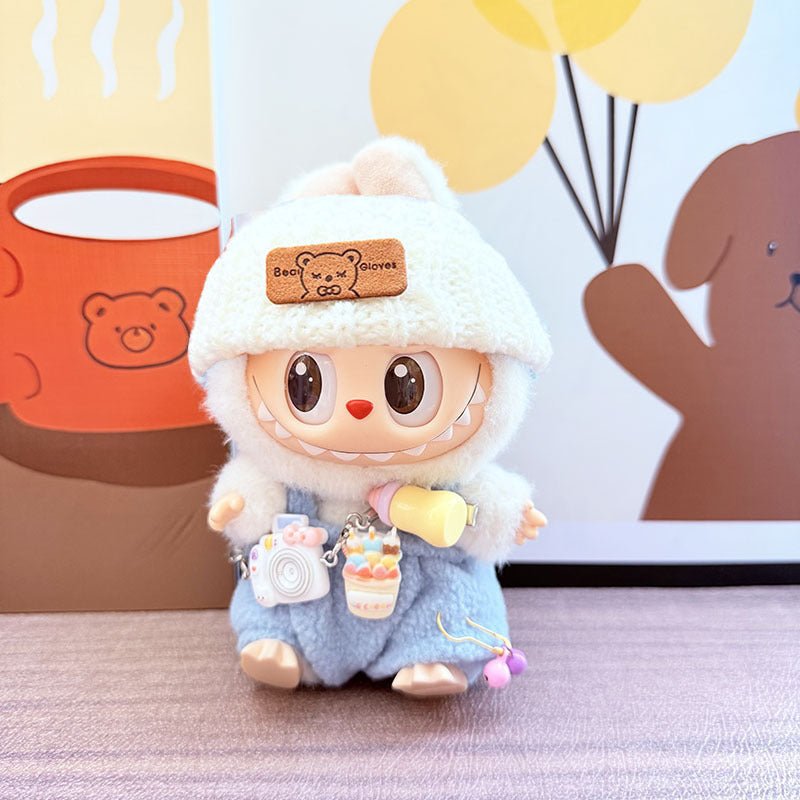 Labubu White Camera Print Set with White Trim Hat & Blue Bottle Overalls - MuffuLabZGG015